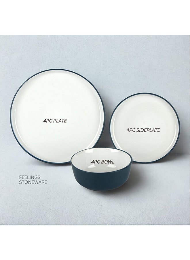 Feelings 12-Piece Stoneware Dinner Set includes 4 x 10.5" Dinner Plate , 4 x 8" Salad Plate , 4 x 6" Bowl, Serves 4, Blue/White - Image 4